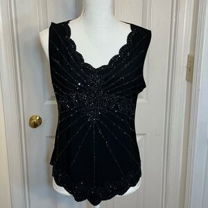 MSK Black Beaded Sequin Top Sleeveless Art Deco Scalloped Hem Evening